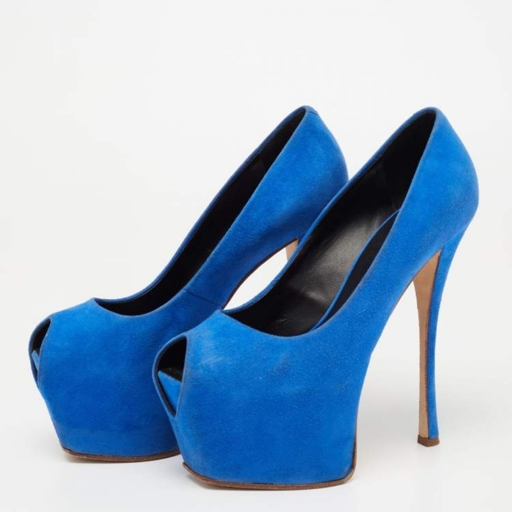 Giuseppe Zanotti 36.5 Blue Peep-Toe Platform Heels Square Toe Stiletto